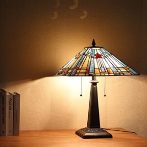 COTOSS Tiffany Table Lamp 16" Wide Handmade Stained Glass Lamp Shade 2 Light Blue Mission Style Vintage Table Lamp for Living Room Bedroom