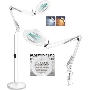 tomsoo 4-in-1 magnifying glass with light, white/warm white lighted magnifier lens – adjustable swivel arm full spectrum led magnifying floor lamp with clamp for reading, crafts, close work (white)
