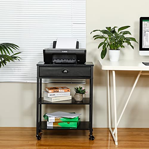 X-cosrack Mobile Printer Stand with Storage Drawer, 3 Tier Deskside Printer Table Cart with Wheel, Rolling Printer Shelf for Home Office, Black