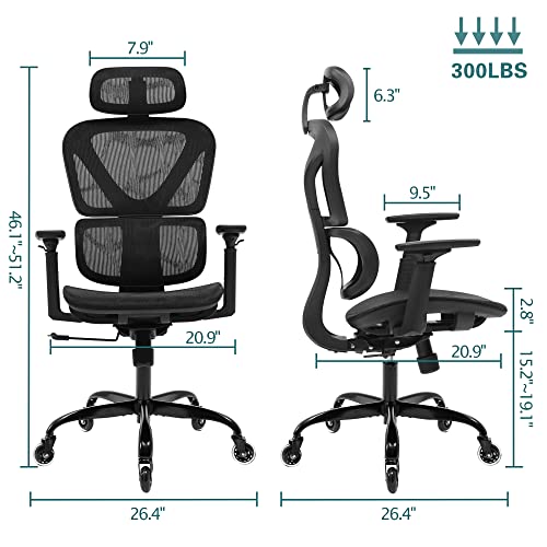 FelixKing Ergonomic Office Chair, Home Office Rolling Swivel Chair Mesh High Back Computer Chair with 3D Adjustable Armrest & Lumbar Support, Blade Wheels Desk Chair with Headrest (Black)