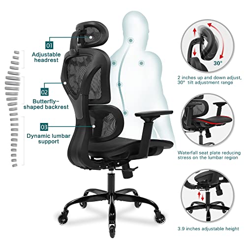 FelixKing Ergonomic Office Chair, Home Office Rolling Swivel Chair Mesh High Back Computer Chair with 3D Adjustable Armrest & Lumbar Support, Blade Wheels Desk Chair with Headrest (Black)