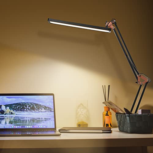 paugeory LED Lamp, LED Swing Arm Lamp with Jig, 3 Color Modes, Level 8 Dimmer Eye Protection Lamp, for Home Office, Study, Reading, Dorm, Studio, with USB Adapter (Black and Gold)