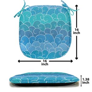 Lunarable Nautical Chair Seating Cushion Set of 4, Doodle Style Waves with Curvy Lines Ocean Storm Abstract Seascape, Seat Pads for Office with Anti-Slip Backing, 16"x16", Blue Teal and Turquoise