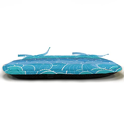 Lunarable Nautical Chair Seating Cushion Set of 4, Doodle Style Waves with Curvy Lines Ocean Storm Abstract Seascape, Seat Pads for Office with Anti-Slip Backing, 16"x16", Blue Teal and Turquoise