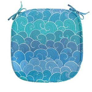 Lunarable Nautical Chair Seating Cushion Set of 4, Doodle Style Waves with Curvy Lines Ocean Storm Abstract Seascape, Seat Pads for Office with Anti-Slip Backing, 16"x16", Blue Teal and Turquoise