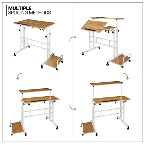 MoNiBloom Mobile Standing Laptop Desk Rolling Laptop Workstation on Wheels Adjustable Height Computer Desk for Home Office Laptop Workstation with Side Storage, White