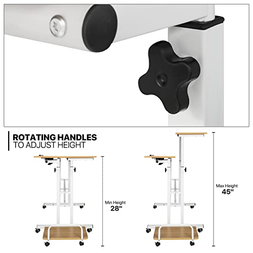 MoNiBloom Mobile Standing Laptop Desk Rolling Laptop Workstation on Wheels Adjustable Height Computer Desk for Home Office Laptop Workstation with Side Storage, White