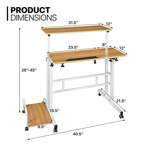 MoNiBloom Mobile Standing Laptop Desk Rolling Laptop Workstation on Wheels Adjustable Height Computer Desk for Home Office Laptop Workstation with Side Storage, White