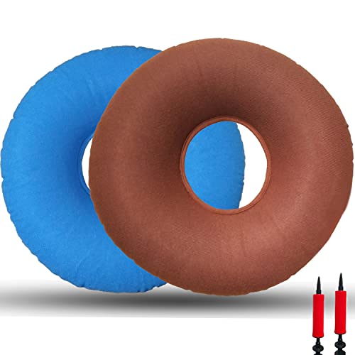 2 Pack Donut Pillow for Tailbone Pain, Hemorrhoid Seat Cushion, Inflatable Donut Cushion Seat with A Pump, Round Wheelchairs Seat Cushion for Home, Car or Office Chair (15" Light Blue & Brown)