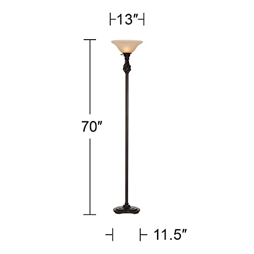 Regency Hill Traditional Torchiere Floor Lamp 70" Tall Hand Applied Black Bronze Swirl Font Amber Glass Shade Standing Pole Light for Living Room Reading House Bedroom Home Office Decor