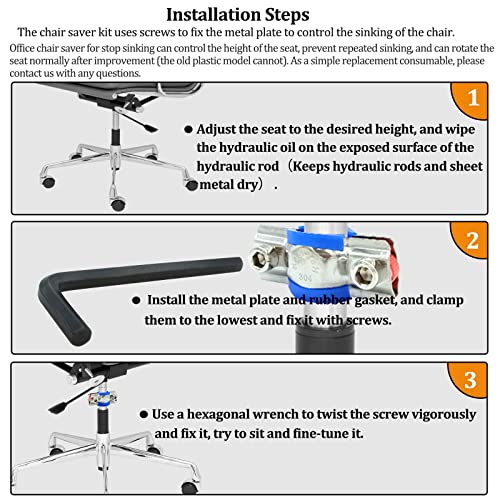 LJZP 3 Pack Fix Sinking Office Chair, Office Chair Saver for Stop Sinking Solid Stainless Steel Adjustable Height Chair Saver Kit with Hexagon Wrench Adjustable Height and Leather Pads Support