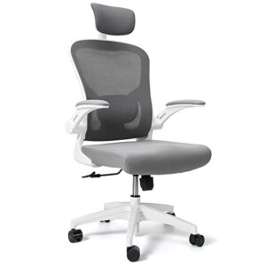 leteuke office chair, ergonomic office chair with padded lumbar support and 90° flip-up armrests, high back mesh home office chair, 125° reclining computer desk chair (white+gray)