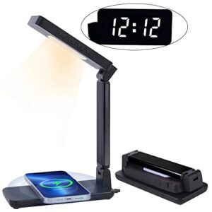 pelteflu portable led desk lamp with wireless charger, 3 lighting modes desk lamp rotates 360° horizontally with time display and alarm clock