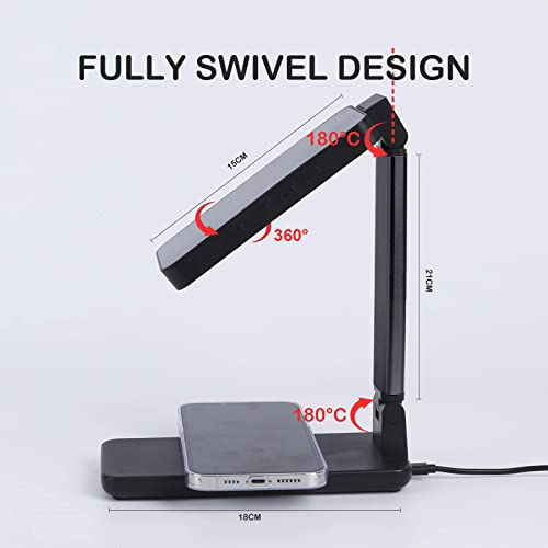 PELTEFLU Portable LED Desk Lamp with Wireless Charger, 3 Lighting Modes Desk Lamp Rotates 360° Horizontally with Time Display and Alarm Clock