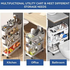 VANDHOME 3-Tier Storage Rolling Cart Slide Out Storage Rolling Utility Cart, Mobile Shelving Unit Storage Shelves Multifunctional Organizer Slide Out Trolley Cart for Kitchen Bathroom - White