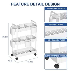 VANDHOME 3-Tier Storage Rolling Cart Slide Out Storage Rolling Utility Cart, Mobile Shelving Unit Storage Shelves Multifunctional Organizer Slide Out Trolley Cart for Kitchen Bathroom - White