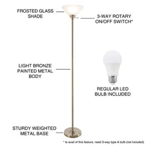 Lavish Home Bronze Torchiere Floor Lamp-Standing Light with Sturdy Metal Base and Frosted Glass Shade-Energy Saving LED Bulb Included