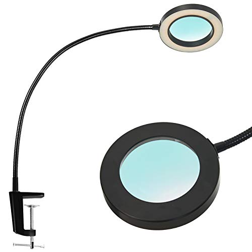 Psiven LED Magnifying Lamp with Clamp, Dimmable Magnifying Glass Desk Lamp with 19.7'' Gooseneck (3 Color Modes, 10W, 4.1' Glass Lens, 5 Diopter) Adjustable LED Light for Close Work, Reading, Crafts