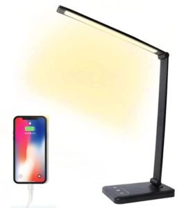 kitys fatch led touch sensing desk lamp with usb charging port, 5 lighting modes, 5 levels of brightness, 30/60 minutes auto timer, foldable desk lamp for bedroom, study room, (black)