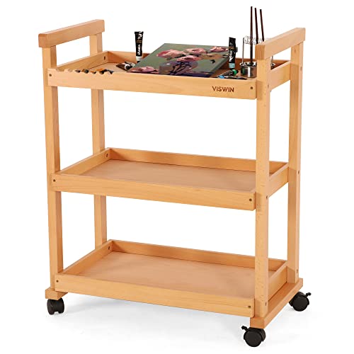 VISWIN 37" H Wood Storage Rolling Cart, Solid Beech Wood 3 Tier Rolling Cart with 4 Lockable Wheels, Multifunctional Art Craft Cart Organizer for Art Supplies, Studio, Classroom, Bedroom, Kitchen