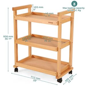 VISWIN 37" H Wood Storage Rolling Cart, Solid Beech Wood 3 Tier Rolling Cart with 4 Lockable Wheels, Multifunctional Art Craft Cart Organizer for Art Supplies, Studio, Classroom, Bedroom, Kitchen