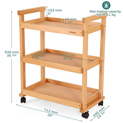 VISWIN 37" H Wood Storage Rolling Cart, Solid Beech Wood 3 Tier Rolling Cart with 4 Lockable Wheels, Multifunctional Art Craft Cart Organizer for Art Supplies, Studio, Classroom, Bedroom, Kitchen