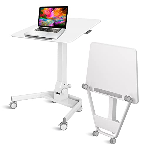 Folding Standing Desk Adjustable Height - Mobile Rolling Laptop Stand Pneumatic Height Adjustable - Foldable Computer Desk Workstation - Portable Mini Standing Desk for Small Office Space