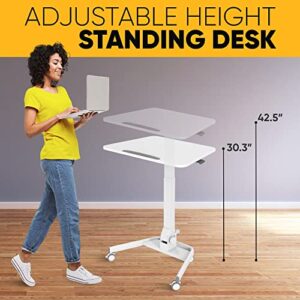 Folding Standing Desk Adjustable Height - Mobile Rolling Laptop Stand Pneumatic Height Adjustable - Foldable Computer Desk Workstation - Portable Mini Standing Desk for Small Office Space