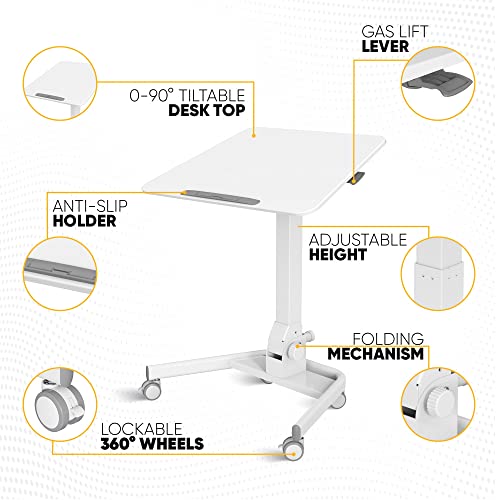 Folding Standing Desk Adjustable Height - Mobile Rolling Laptop Stand Pneumatic Height Adjustable - Foldable Computer Desk Workstation - Portable Mini Standing Desk for Small Office Space