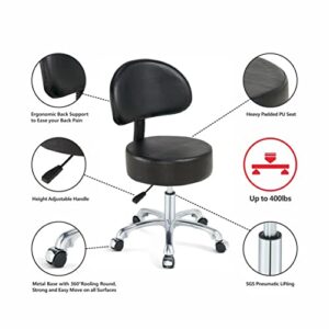 Lilfurni Swivel Rolling Stool Round Chair,Thick Sturdy Padding,Adjustable Stool with Wheels for Doctor,Medical,Massage Salon,Office,Shop(Black) (with Back, Black)