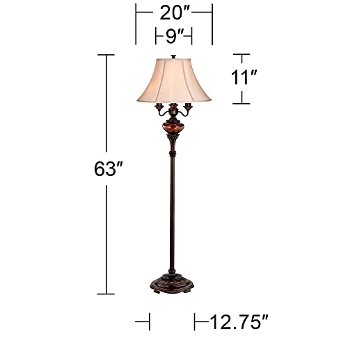 Barnes and Ivy Traditional Standing Floor Lamp Multi 4-Light 63" Tall Antique Bronze Copper Gold Tortoise Glass Font Fabric Bell Shade Candelabra Decor for Living Room Reading House Bedroom