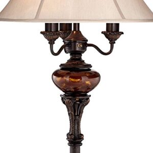 Barnes and Ivy Traditional Standing Floor Lamp Multi 4-Light 63" Tall Antique Bronze Copper Gold Tortoise Glass Font Fabric Bell Shade Candelabra Decor for Living Room Reading House Bedroom