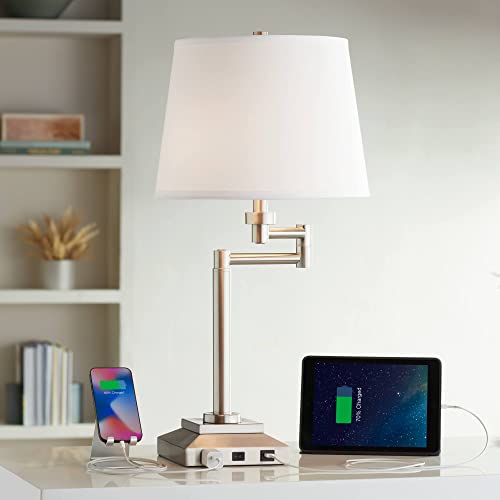 360 Lighting Camber Modern Desk Table Lamp Swing Arm with Hotel Style USB and AC Power Outlet in Base 29" Tall Brushed Nickel Linen Shade for Living Room Bedroom House Bedside Reading Home