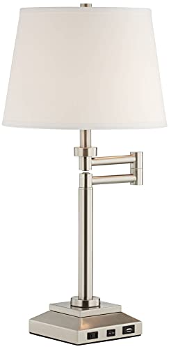 360 Lighting Camber Modern Desk Table Lamp Swing Arm with Hotel Style USB and AC Power Outlet in Base 29" Tall Brushed Nickel Linen Shade for Living Room Bedroom House Bedside Reading Home