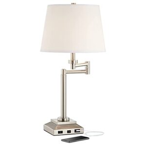 360 Lighting Camber Modern Desk Table Lamp Swing Arm with Hotel Style USB and AC Power Outlet in Base 29" Tall Brushed Nickel Linen Shade for Living Room Bedroom House Bedside Reading Home