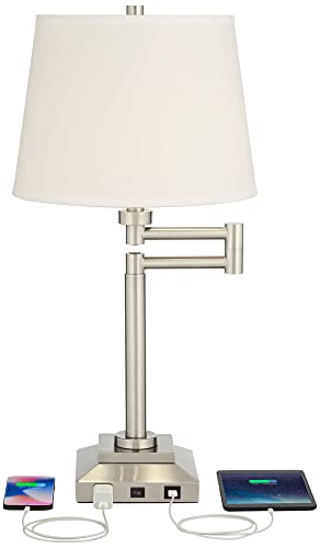 360 Lighting Camber Modern Desk Table Lamp Swing Arm with Hotel Style USB and AC Power Outlet in Base 29" Tall Brushed Nickel Linen Shade for Living Room Bedroom House Bedside Reading Home