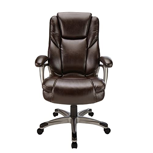 Realspace® Cressfield Bonded Leather High-Back Chair, Brown/Silver
