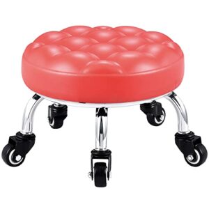 lorvain low rolling stool with wheels, roller seat short stool with universal swivel caster wheels leather little low small stools on wheels for home garage to sit on- mesh red