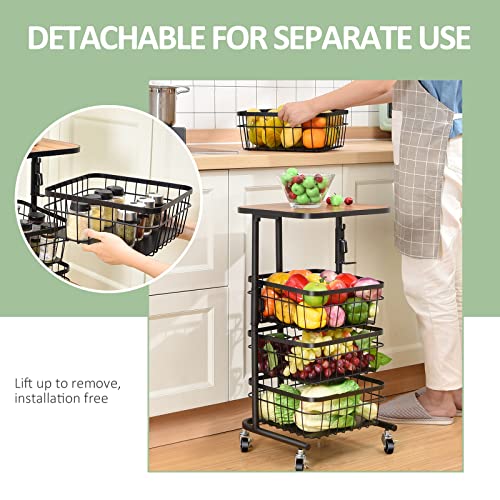 TOOLF Fruit Vegetable Basket, Rotating Storage Shelf, 5 Tier Metal Rolling Cart with Wooden Tabletop, Large Metal Baskets Rack with Wheels, Black