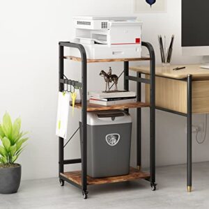 laitimia 3 tier mobile printer stand with storage shelves folding paper shredder stand heavy duty laser printer table on wheels cpu tower stand home office printer cart kitchen organizer rustic brown