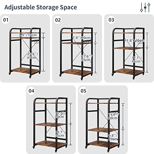 LAITIMIA 3 Tier Mobile Printer Stand with Storage Shelves Folding Paper Shredder Stand Heavy Duty Laser Printer Table on Wheels CPU Tower Stand Home Office Printer Cart Kitchen Organizer Rustic Brown