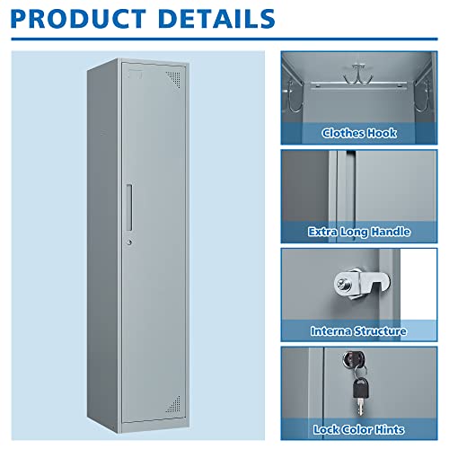 BYNSOE Metal Locker 1 Doors 71" Employees Locker Storage Cabinet Locker School Hospital Gym Locker Requires Assembly (Grey, 1 Door)