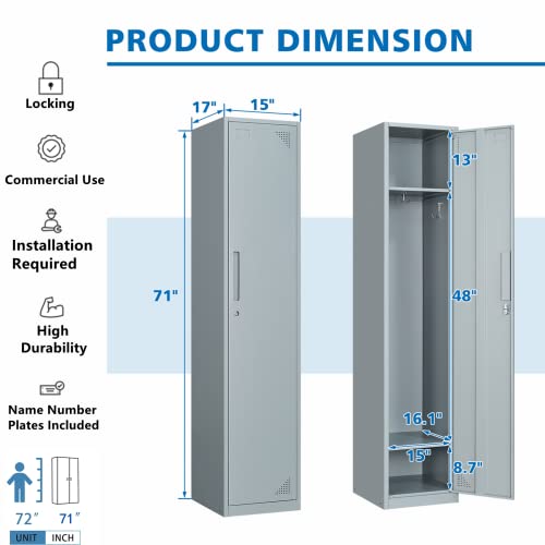 BYNSOE Metal Locker 1 Doors 71" Employees Locker Storage Cabinet Locker School Hospital Gym Locker Requires Assembly (Grey, 1 Door)