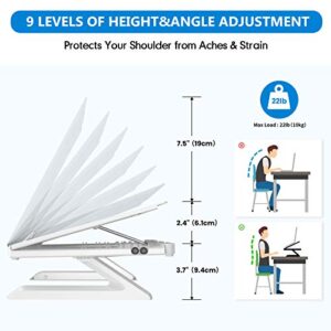 AboveTEK Genie Book Laptop Stand Riser - 9 Height/Angle Adjustable, Portable Laptop Riser Foldable to 11x11x1” - Fits 6” to 17” Laptop & 2 Extra Phone Holders - Ideal Gift for Family(White)