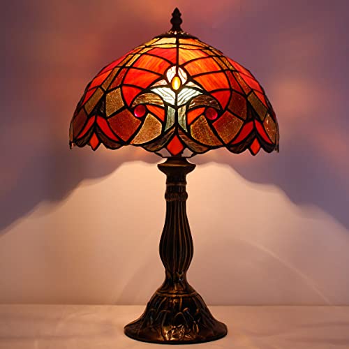 WERFACTORY Tiffany Lamp Red Liaison Stained Glass Table Lamp Desk Bedside Reading Light 12X12X18 Inches Decor Bedroom Living Room Home Office S160R Series