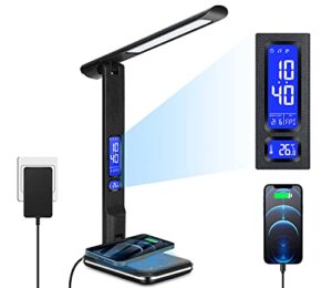 led desk lamp with wireless charger, foldable touch console light, date,calendar,temperature,clock display function, 5-level dimmable lighting, suitable for home office, reading, work,study (black)