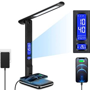 LED Desk Lamp with Wireless Charger, Foldable Touch Console Light, Date,Calendar,Temperature,Clock Display Function, 5-Level Dimmable Lighting, Suitable for Home Office, Reading, Work,study (Black)