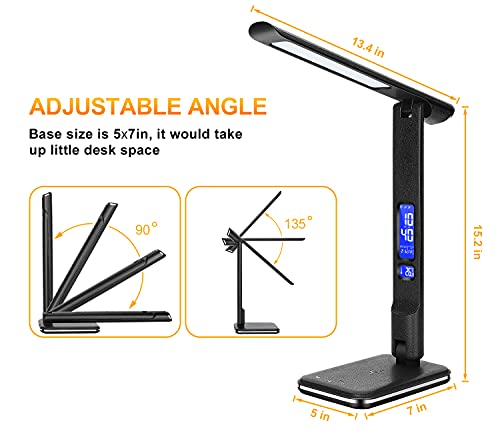 LED Desk Lamp with Wireless Charger, Foldable Touch Console Light, Date,Calendar,Temperature,Clock Display Function, 5-Level Dimmable Lighting, Suitable for Home Office, Reading, Work,study (Black)