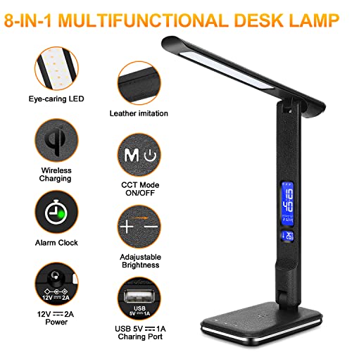 LED Desk Lamp with Wireless Charger, Foldable Touch Console Light, Date,Calendar,Temperature,Clock Display Function, 5-Level Dimmable Lighting, Suitable for Home Office, Reading, Work,study (Black)