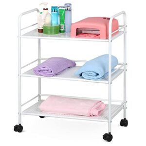 yaheetech 3 tier salon trolley cart, tray and metal frame for salon spa medical office treatmen, rolling service cart with 3 shelf, 4 mobile casters base, spa tool holder,white